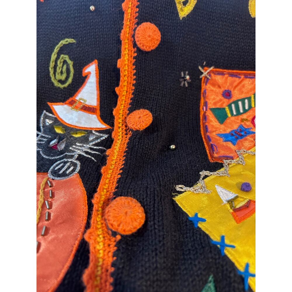 VTG Basic Editions Halloween Sweater Vest XL Blk Pumpkin Ghost Witch Cat Cottage - Picture 8 of 10